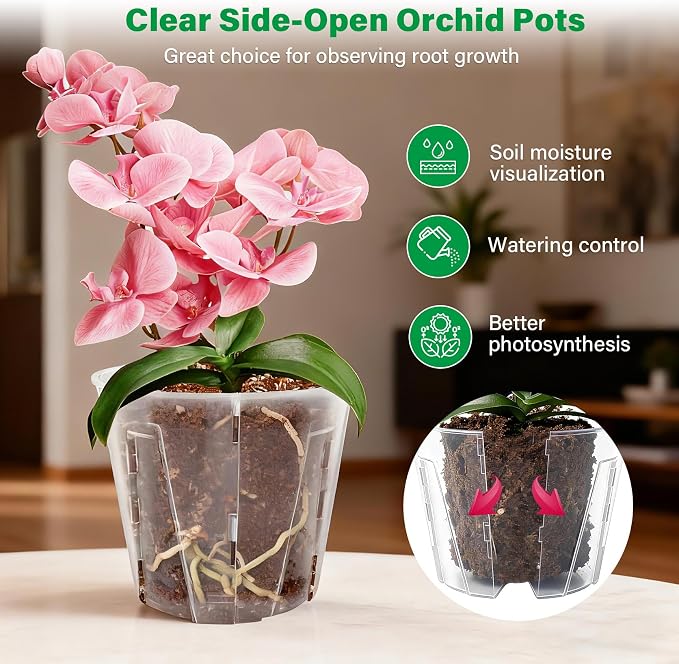Bluepro 5 Inch Side-Open Orchid Pots 12 Pack, Clear Plastic Nursery Planters with Detachable Side Walls for Easy Repotting, Breathable Slotted Flower Pots with Drainage for Root Health
