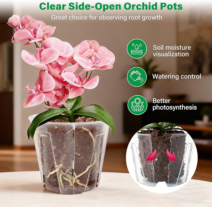 Bluepro 5 Inch Side-Open Orchid Pots 6 Pack, Plastic Nursery Planters with Detachable Side Walls for Easy Repotting, Breathable Slotted Flower Pots with Drainage for Root Health