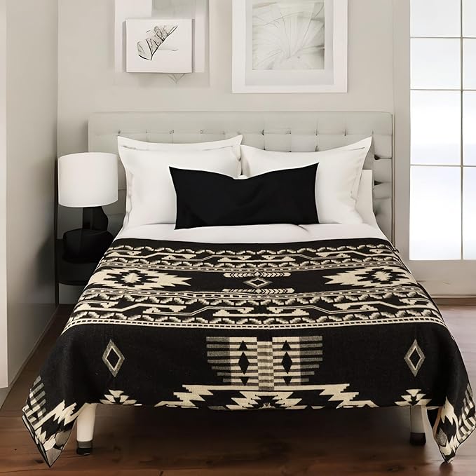 Alpaca Wool Throw Blanket, Native Design Wool Blanket, Throw Aztec Pattern Alpaca Wool Throw Blanket (Black, Throw 78"x48")