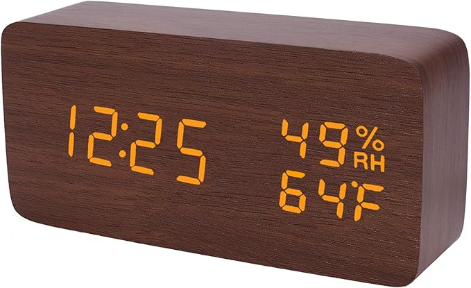 Alarm Clock for Bedside Modern Wood Digital Clock Snooze LED Desk Clock Display Time Temperature Humidity Brightness Adjustable for Home Kids Bedroom Office(Brown)