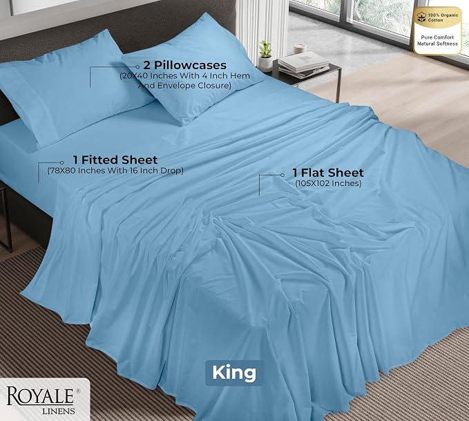 ROYALE LINENS 100% Organic Cotton King Sheet Set - Percale Weave - 4 Pieces Set - 1 Flat, 1 Deep Pocket Fitted Sheet and 2 Pillowcases - Lake Blue Bed Sheets - Sábanas King - Crisp Cool (Lake Blue)