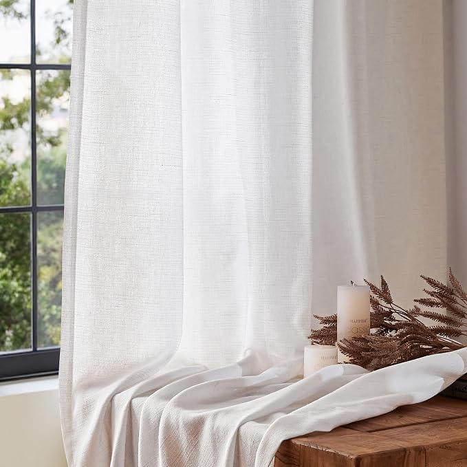 jinchan Linen White Curtain for Living Room Divider Extra Wide 100 Inch Light Filtering Semi Sheer Grommet Patio Curtain for Sliding Door Coastal Decor Sunroom Floor to Ceiling Window Panel 100"x84"