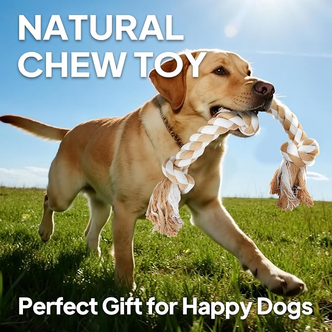 PetiFine Dog Rope Toys for Large/Medium Dogs, Chew Toys for Aggressive Chewers, Natural Cotton 3 Knots Interactive Tug of War Dog Pull Rope, Teeth Cleaning