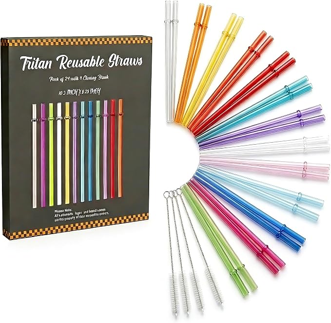 24 Pack Reusable Tritan Straws with 4 Cleaning Brushes, 10.5 Inch Hard Plastic Drinking Set, 12 Colors, BPA Free Dishwasher Safe, for Tumblers, Iced Coffee, Smoothies, Cups and Jars