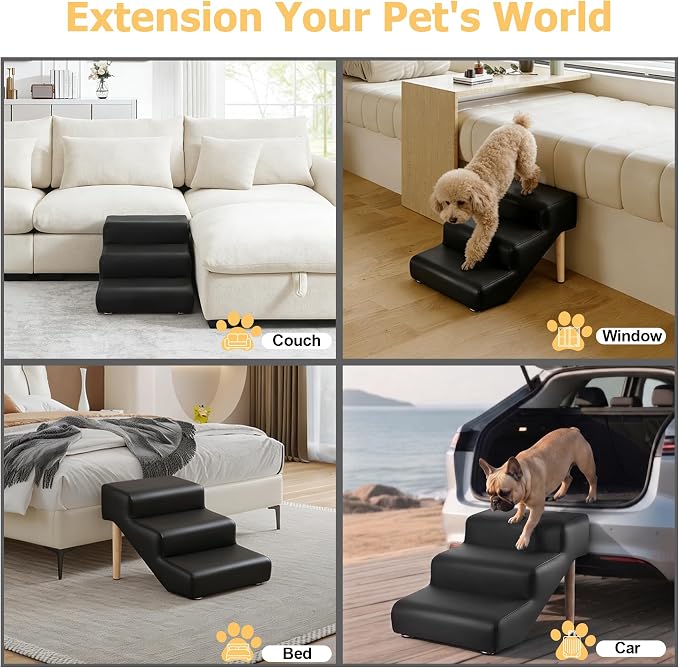 3-Step 15.7" H Dog Stairs for Pets up to 220lbs,Waterproof and Scratch PU Leather Pet Stairs with Oak Leg & Solid Wood Frame,Dog Ramp for Small Senior Large Dogs Cats,Non-Slip Feet,Black