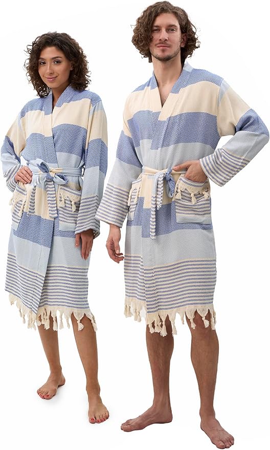 ATANI 100% Turkish Cotton Bathrobe S-XXL for Women & Men – Peshtemal Style Soft Cozy Lounge Robe, Absorbent & Lightweight