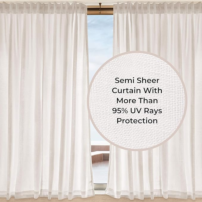 D'Moksha Homes White Hemp Curtain 108 Inches Long - 52 x 108 Inch 1 Panel Light Filtering Rod Pocket Curtain with Back Tab Hang - 100% Pure Hemp Linen Window Treatment for Living Room, Bedroom