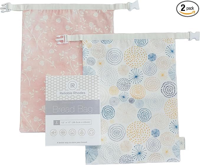 Reusable Beeswax Bread Bag 2 Pack –12x17 Bread Bag for Homemade Sourdough, Beeswax Coated Organic Cotton Storage Bag for Loaf Baguette, Freezer Safe, Eco-Friendly Wrap Spiral Blossoms