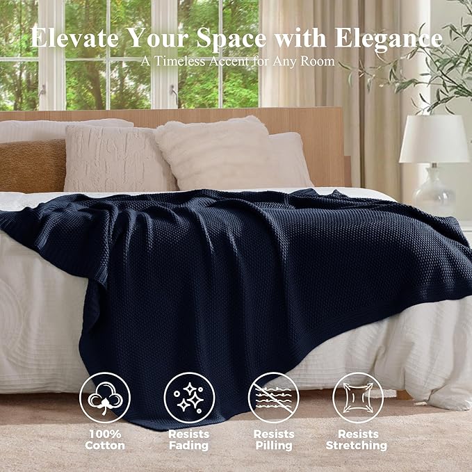100% Cotton Cable Knit Throw Blanket, Large Lightweight Soft Knit Blanket for Sofa Couch Bed, Breathable All-Season Throw, Cozy Decorative Blanket, 60 x 80 Inch,Navy