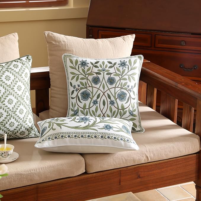 ISAENNE Design Fresh Linen Square Throw Pillow Covers 18"x18" Pack of 2, French White Cottage Cushion Covers with Blue Floral Branches Pattern Decor Pillowcases for Bed,Living Room,Outdoor,Car