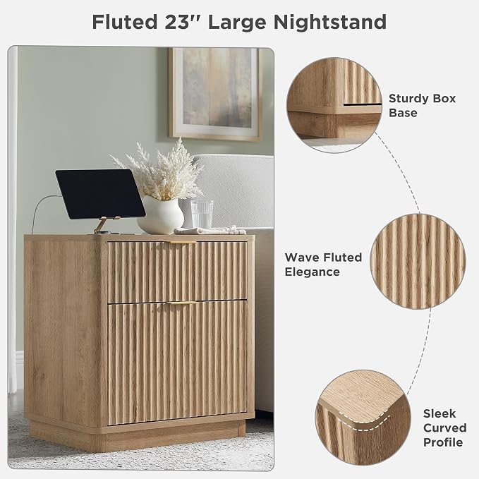 T4TREAM 23'' Fluted Nightstand Set of 2 with Charging Station, Large 2 Drawer Side Table, Modern End Table with Storage, Mid Century Bedside Table for Bedroom, Living Room, Curved Profile, Natural Oak