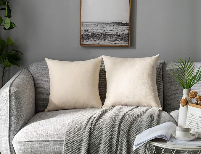 Stellhome Burlap Throw Pillow Covers Solid Farmhouse Linen Pillowcase for Bed Couch Sofa Bench, Set of 2, 24 x 24 inch (60 x 60 cm), Cream