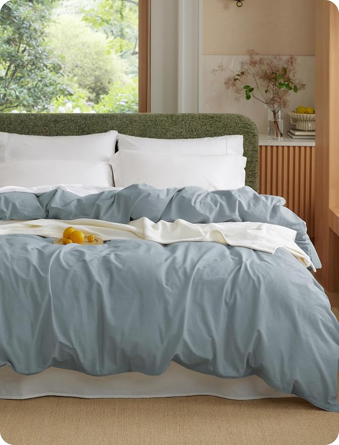 Bedsure Duvet Cover King Size - 100% Washed Cotton, Linen-Like Minimalist Bedding - PureWoven Plain Soft Comforter Cover for All Seasons, 1 Duvet Cover Only (Dusty Blue, 104" x 90")