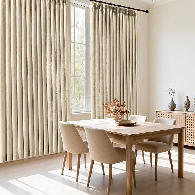 IVAPUPU Extra Wide Pinch Pleated Linen Curtains for Living Room, Light Filtering Privacy Memory Training Semi Sheer Pleated Curtain with Hooks Rings Back Tab Drapes, 70Wx96L, Sand Beige, 1 Panel