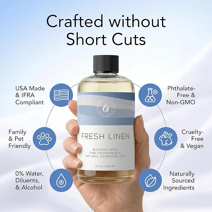 AROMA COUNTRY Fresh Linen Diffuser Oil - Luxury Essential Oils for Diffuser Refill & Air Freshener Room Spray, Long-Lasting, Natural Home Fragrance & Hotel Scent for Diffusers & Machines (4 Fl oz.)