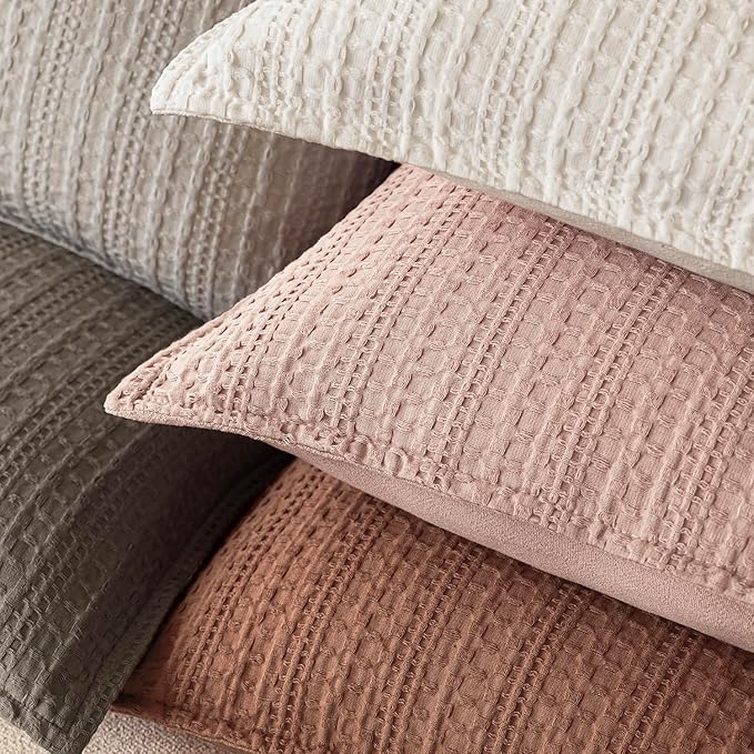 Foindtower Set of 2 Decorative Cotton Waffle Weave Throw Pillow Covers Euro Shams Cushion Covers Accent European Pillowcase for Bed Couch Sofa Bedroom Living Room Home Decor 24×24 Inch Coral Pink