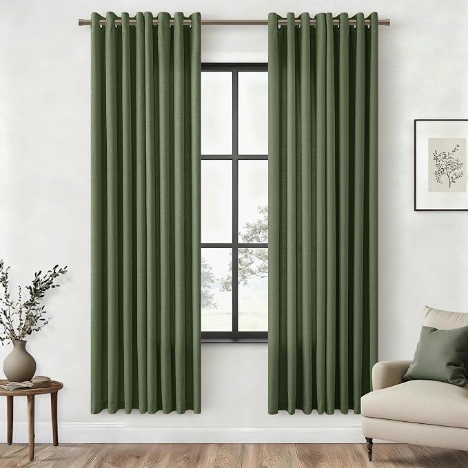 72 Inch Semi Sheer Curtains For Dining Room Light Filtering Non See Through Privacy Flax Linen Bronze Grommet Boho Elegant Window Drapes Living Room Curtains 72 Inches Long 2 Panels Set Moss Green