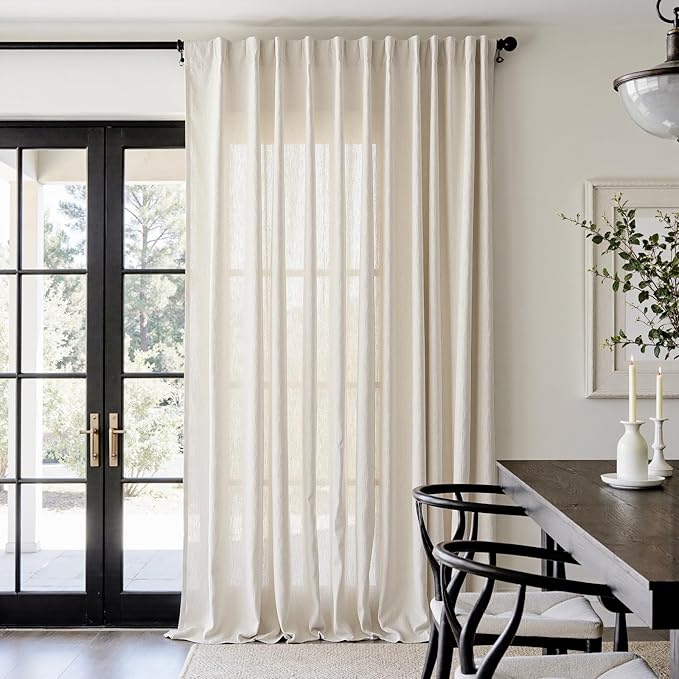 jinchan Extra Wide Sliding Door Curtain 108 Inch Length Beige Linen Curtains Semi Sheer Drapes for Patio Door Living Room Bedroom Floor to Ceiling Light Filtering Drapes 100 Inches Wide 1 Panel