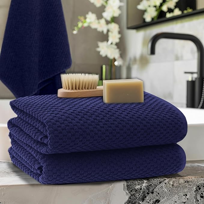 COTTON CRAFT Waffle Bath Sheets - Luxurious 2 Pack Euro Spa Waffle Weave Bath Sheets - Large 100% Ringspun Cotton Bath Towels - Absorbent Quick Dry Bathroom Towel Set - Oversized 35 x 70 inches - Navy
