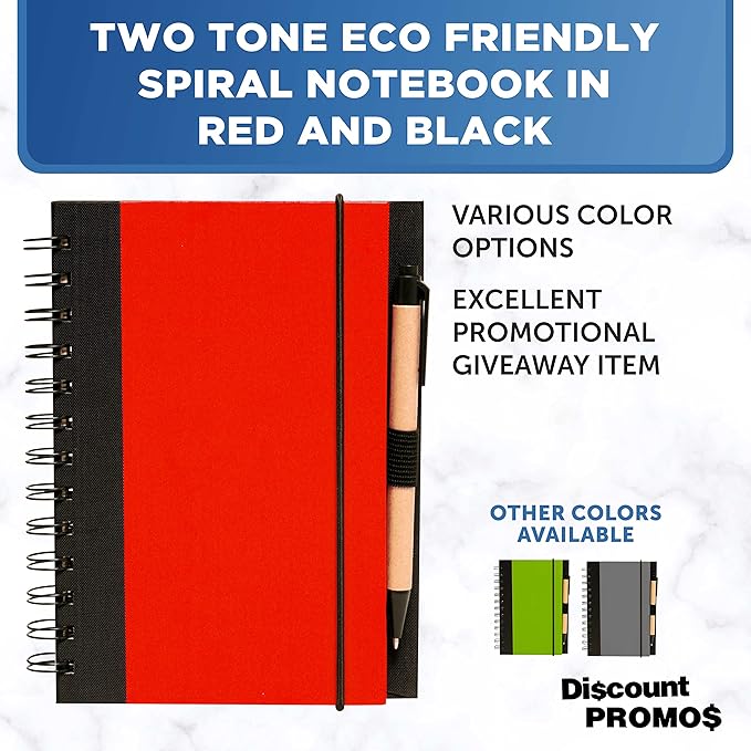 DISCOUNT PROMOS Eco Block Notebooks with Pens Set of 10, Bulk Pack - Perfect for School, Office, Business, Home - Red