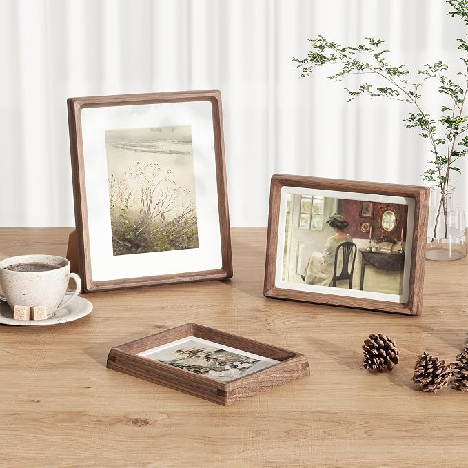 Fun Memories 5x7 Picture Frame, USA-Sourced Walnut Wood Photo Frames with HD Tempered Glass, Handcrafted Rounded Corner 5 x 7 Wooden Frames Matted to 4x6 Photos, 5x7 Frame, Tabletop or Wall Display