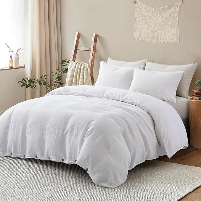 ATLINIA 100% Flax Linen Duvet Cover Set - Stone Washed Pure French Linen Organic Fabric for Farmhouse Comforter Boho Bedding Included 1 Duvet Cover 2 Pillow Shams(White, King)
