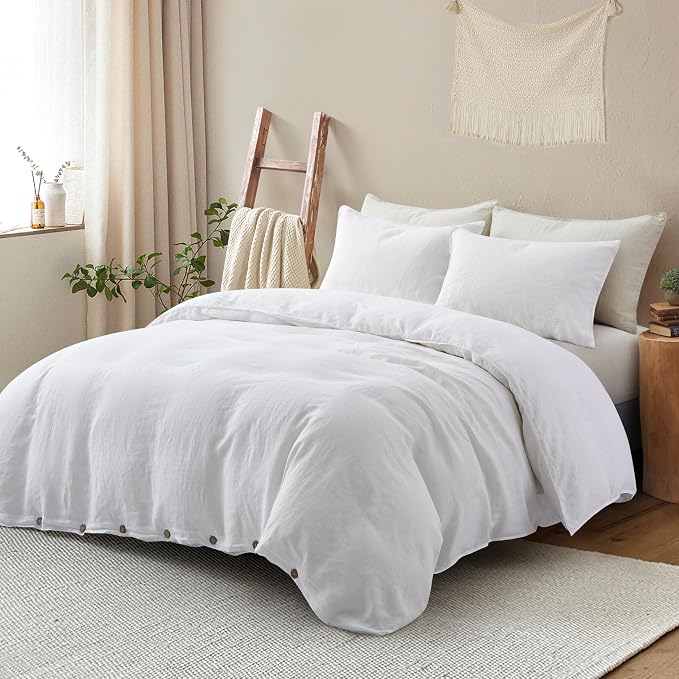 ATLINIA 100% Flax Linen Duvet Cover Set - Stone Washed Pure French Linen Organic Fabric for Farmhouse Comforter Boho Bedding Included 1 Duvet Cover 2 Pillow Shams(White, California King)