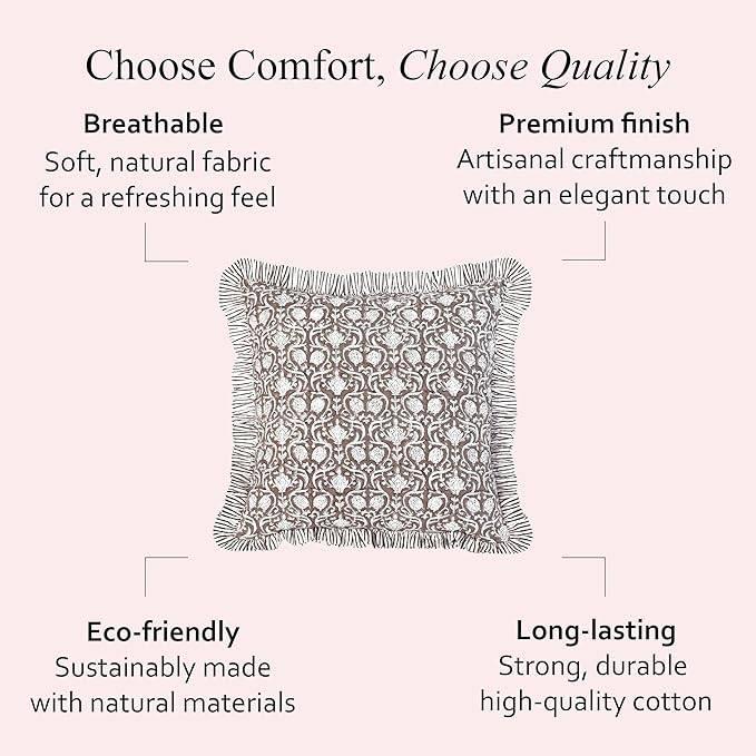 CPC Mocha Regal Hand Block Print 100% Cotton Ruffle Throw Pillow Cover 24x24 inch with Hidden Zipper Decorative for Couch, Bed, Sofa, Farmhouse, Cottagecore Decor Gift Christmas Fall Thanksgiving