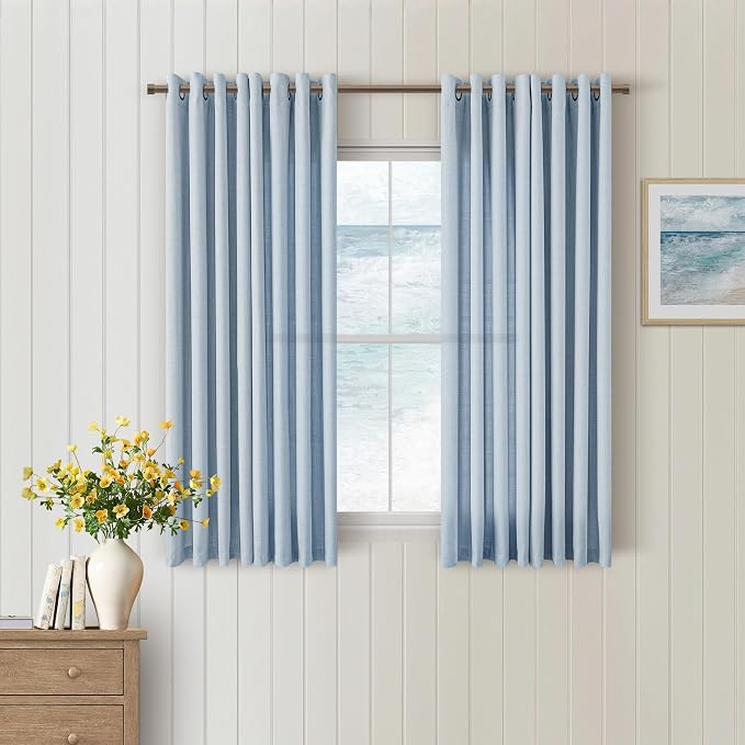 Light Blue Linen Curtains 45 Inches Long 2 Panels Set for Living Room Grommet Privacy Light Filtering Non-See-Through Drapes Bedroom Semi Sheer Farmhouse Boho Window Curtain 45 Inch Length