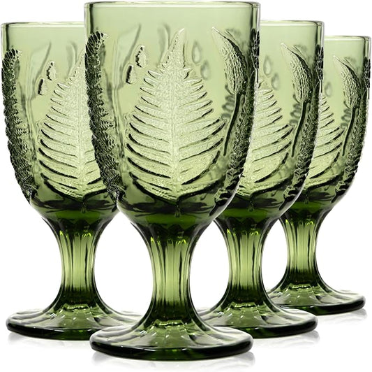 Green Glass Goblets Set of 4, 10 oz Hand-Pressed Vintage Glassware, Textured Fern Embossed Drinking Glasses, Boho Drinkware for Water, Cocktails, Mocktails, White & Red Wine, Antique Style Gift Set