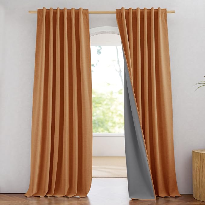 NICETOWN 100% Blackout Burnt Orange Curtains, W52 x L90 in, Thick Linen Blend Rod Pocket & Back Tab, Thermal Insulated Draperies with Grey Liner for Bedroom, Living Room(Set of 2, Terracotta)