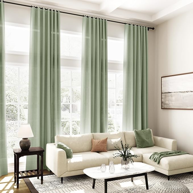 Nanspring Light Sage Linen Curtains 100 Inches Long for Living Room 2 Panels Set Extra Long Back Tab Modern Curtain Semi Sheer Light Filtering Drapes Floor to Ceiling for Large Windows 52x100