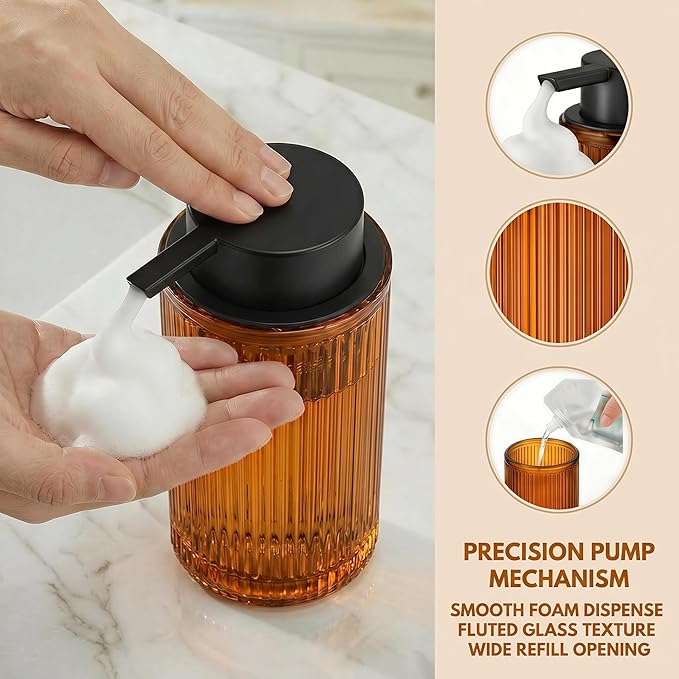 Amber Glass Foaming Hand Soap Dispenser with Matte Black Pump Thick Striped Bottle Refillable for Bathroom and Kitchen Decor 12 fl oz