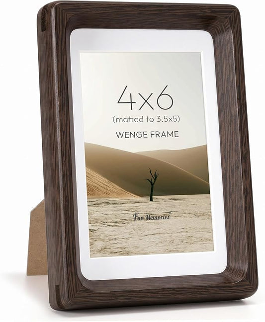 Fun Memories 4x6 Picture Frame, Natural Wenge Wood Photo Frames with HD Tempered Glass, Handcrafted Rounded Corner 4 x 6 Wooden Frame Matted to 3.5x5 Photos, 4x6 Frames, Tabletop or Wall Display