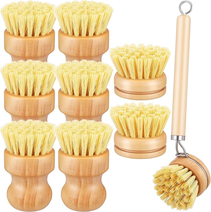 9 Pcs Bamboo Dish Brush Set, Multifunctional Dishwashing Scrubber with Natural Sisal Bristles, Wooden Dish Brush for Cleaning Pots, Dishes, Pans, Vegetables