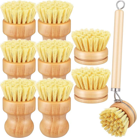 9 Pcs Bamboo Dish Brush Set, Multifunctional Dishwashing Scrubber with Natural Sisal Bristles, Wooden Dish Brush for Cleaning Pots, Dishes, Pans, Vegetables