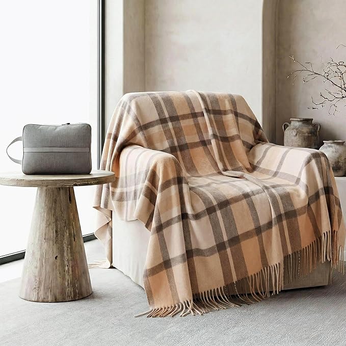 Soft Pure Wool Throw Blanket, Lightweight Warmth, 55"x83", Plaid, Fringe, Compact with Bag, Useful Gift for Women Men, All Season Decorative Cozy Travel Blanket for Couch Bed, Outdoors