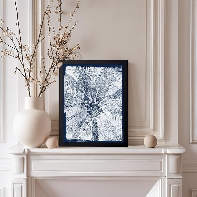 Monem Art Coastal Palm Tree Cyanotype Print - Blue and White Tropical Botanical Design Poster - Wall Decor for Beach House, Bedroom or Living Room - 12x16 Black Framed Wall Art by Renee Stramel
