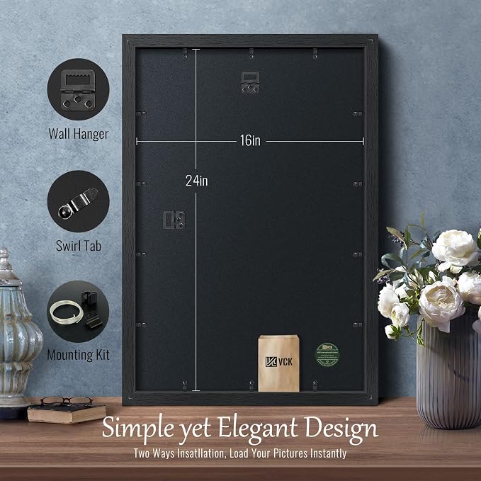 VCK 16x24 Picture Frame Set of 4, Gallery-Quality Black Wood Poster Frames, 1.1-Inch Wide Border, Polished Plexiglass, Vertical or Horizontal Wall Display for Photo/Art/Prints
