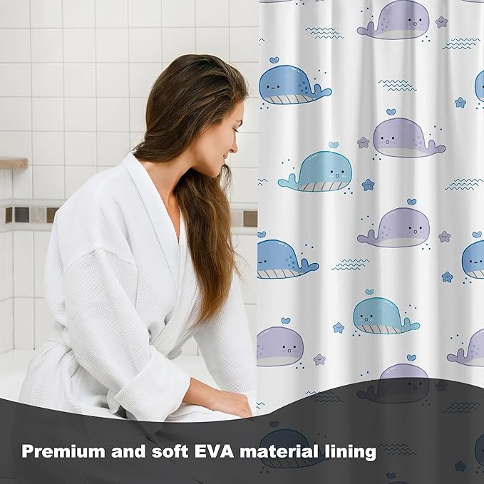 Plastic Shower Curtain Liner, Premium EVA 5G Little Whale Shower Curtain, Shower Curtains for Bathroom with 3 Magnetic Weights and Rustproof Grommets (Little Whale, 72x72 in)