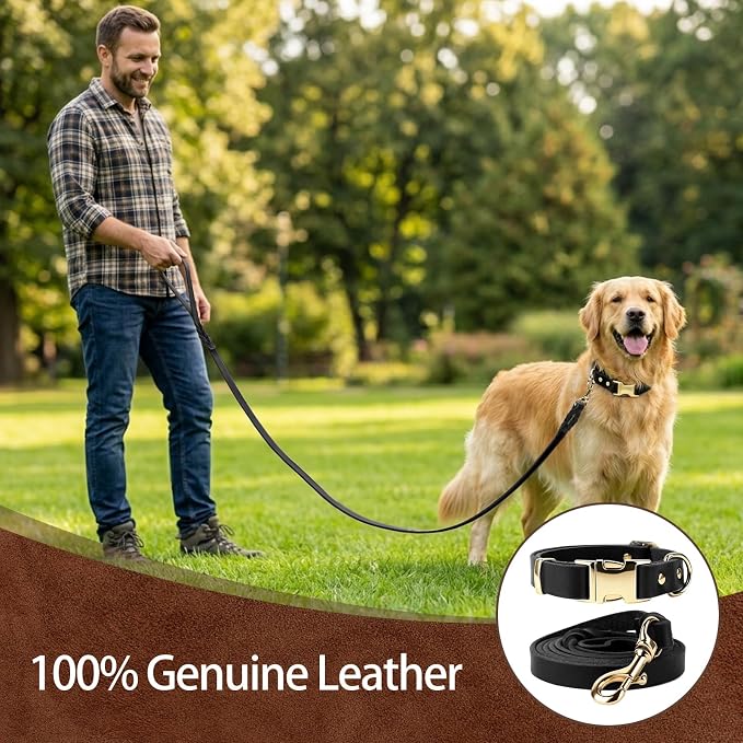 Leather Dog Collar and Leash Set, 6FT Heavy Duty Leather Training Leash with Adjustable Dog Collar, Soft and Durable Dogs Leashes and Collars Set for Small Medium Large Dogs (Black, L)