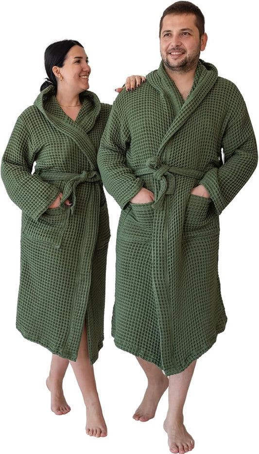 Unisex Hooded Waffle Robe for Women & Men 100% Turkish Cotton | Quick-Dry Bathrobe | Cozy Housecoat for Lounging