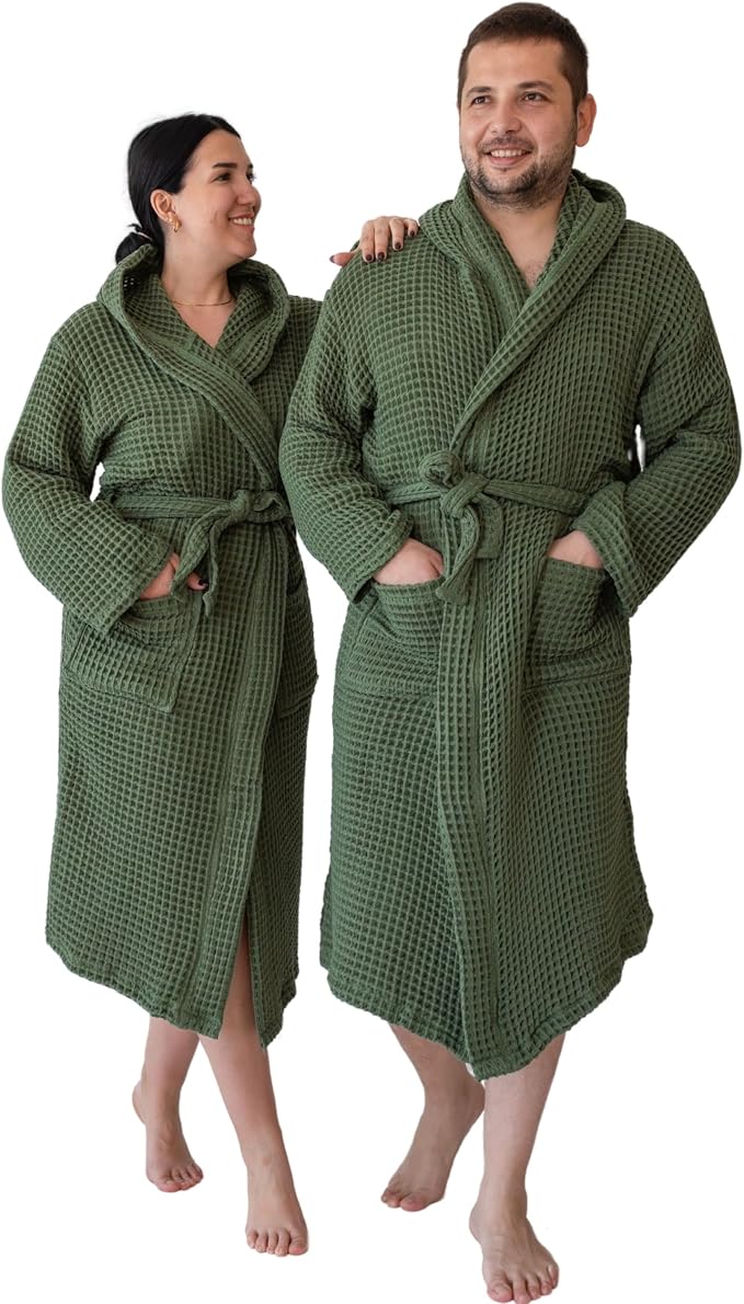 Unisex Hooded Waffle Robe for Women & Men 100% Turkish Cotton | Quick-Dry Bathrobe | Cozy Housecoat for Lounging
