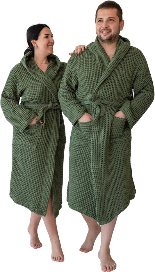Unisex Hooded Waffle Robe for Women & Men 100% Turkish Cotton | Quick-Dry Bathrobe | Cozy Housecoat for Lounging