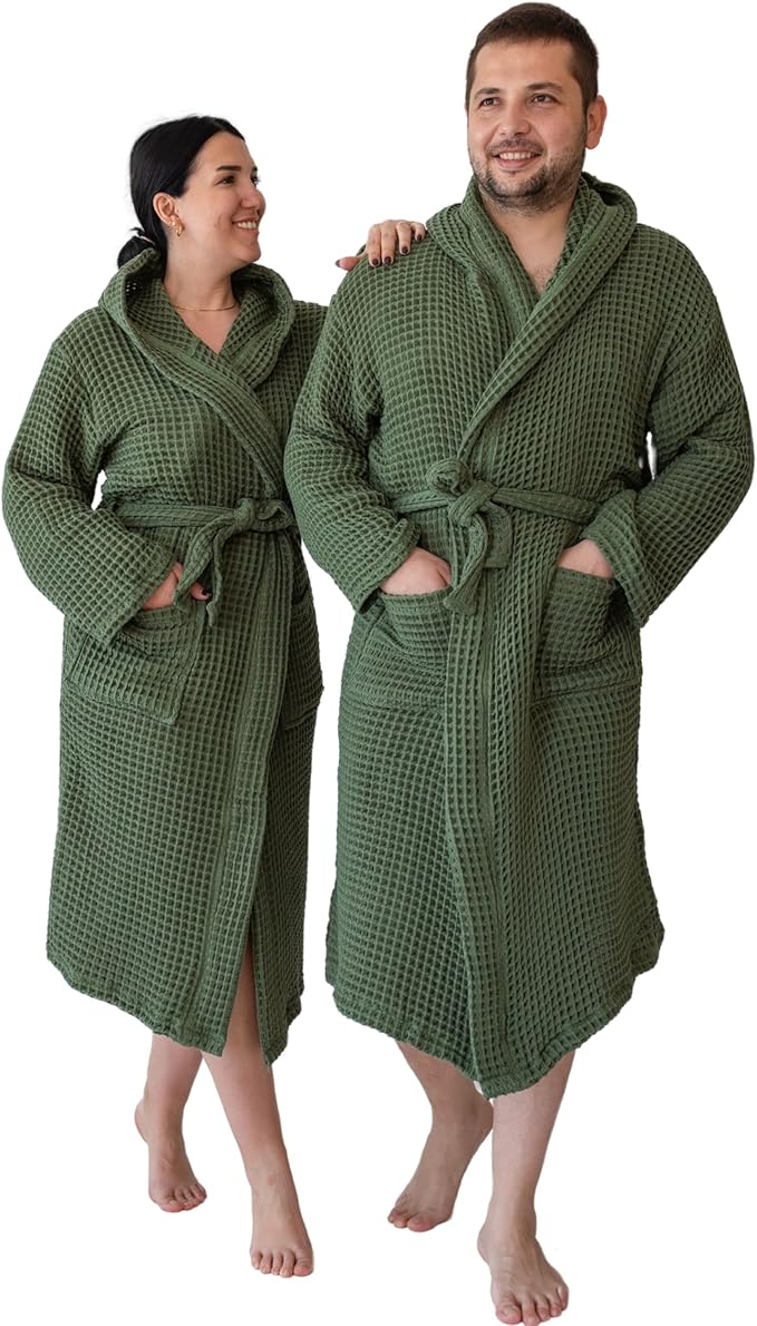 Unisex Hooded Waffle Robe for Women & Men 100% Turkish Cotton | Quick-Dry Bathrobe | Cozy Housecoat for Lounging