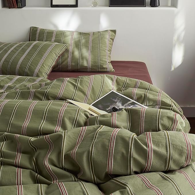 mixinni Vintage Striped Duvet Cover Set Queen – 100% Cotton Reversible Jacquard Bedding Set, Retro Olive Green & Terracotta Comforter Cover, Soft Breathable 3-Piece(1 Duvet Cover+2 Pillowcases)