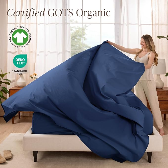 Bare Home 100% Organic Cotton Twin XL Sheet Set - Crisp Percale Weave - Lightweight & Breathable - Bedding Sheets & Pillowcases (Twin XL, Dark Blue)