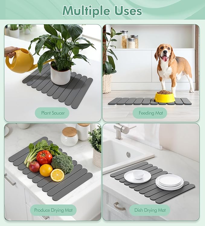 Large Stone Dish Drying Mat for Kitchen Counter, Quick Dry Diatomaceous Earth Stone Mat, Roll-Up Dish Mat for Dishes Bottles Cups, Super Absorbent & Non-Slip, 24"×16",Grey