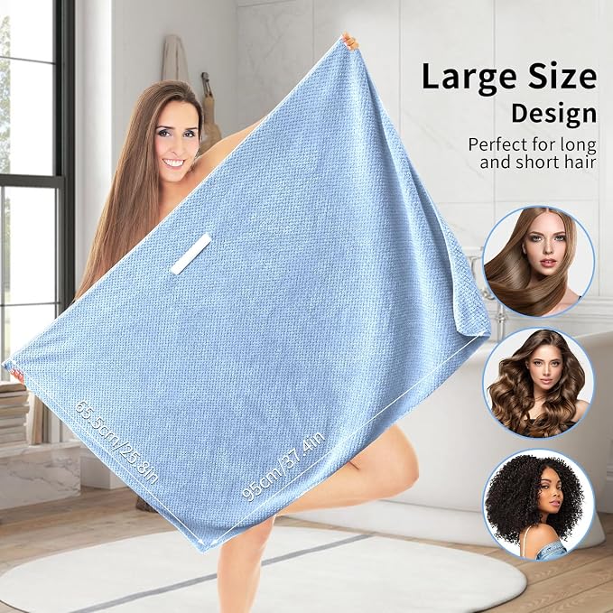 my novel things 2 Pack Extra Large Microfiber Hair Towel Wrap for Women, 37.4" x 26.4" Super Absorbent & Quick Dry with Elastic Strap for Curly Hair (Blue)
