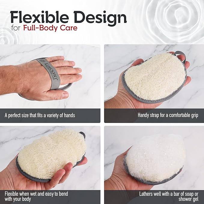 Almooni Natural Exfoliating Loofah for Men, Lightly Abrasive Egyptian Loofah Body Scrubber for Men, Dual-Sided with Cotton Back, Hand Strap, Gray, 2-Count